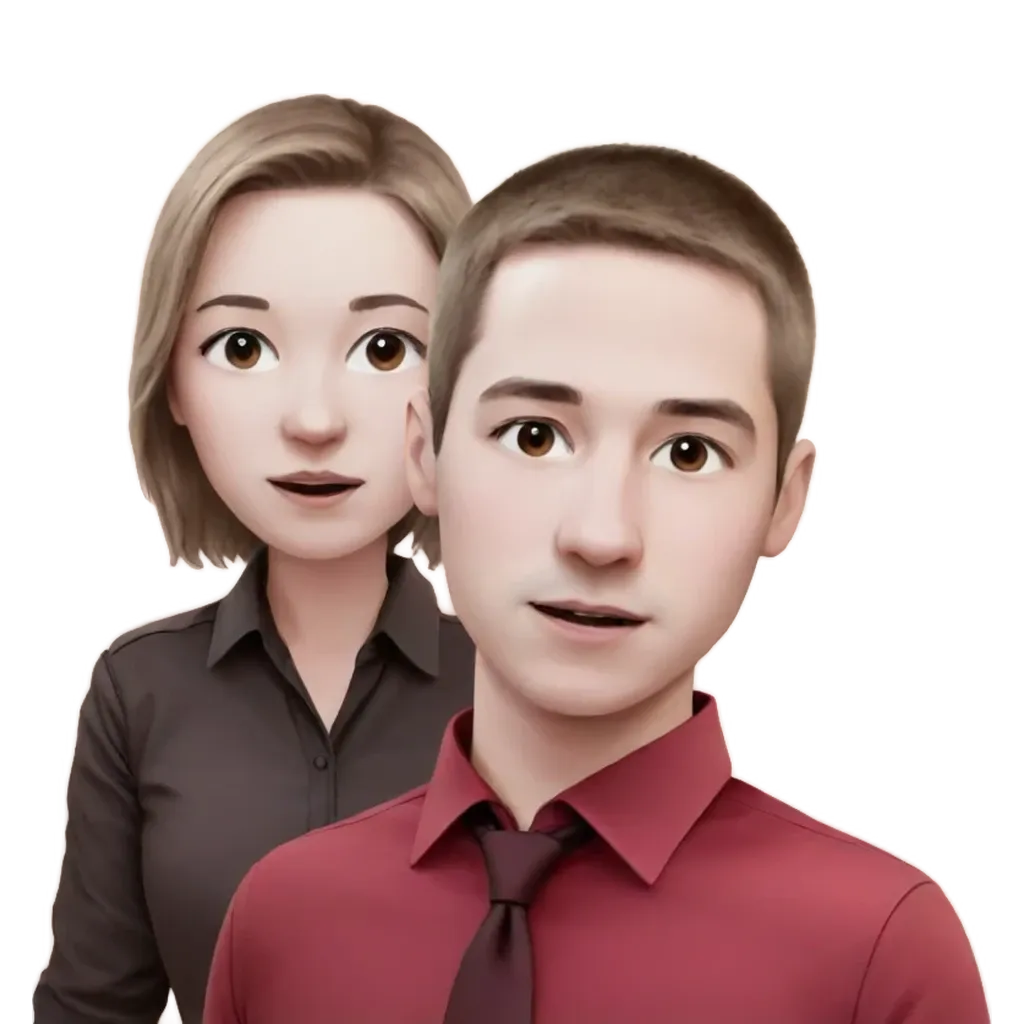 A man and a woman in front of a black and white background.
