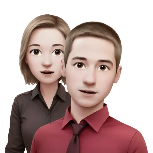 A man and a woman in front of a black and white background.