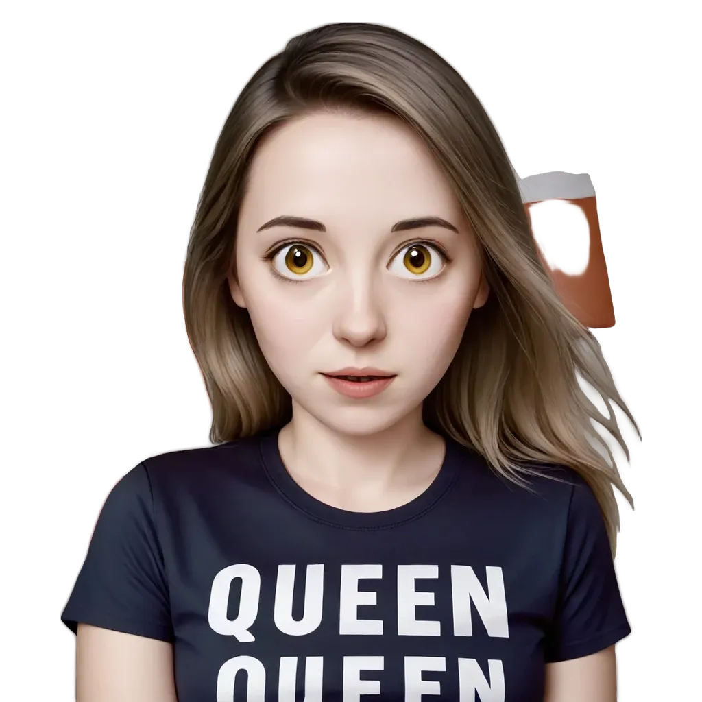 An animated woman with a shirt that says Queen Queen.