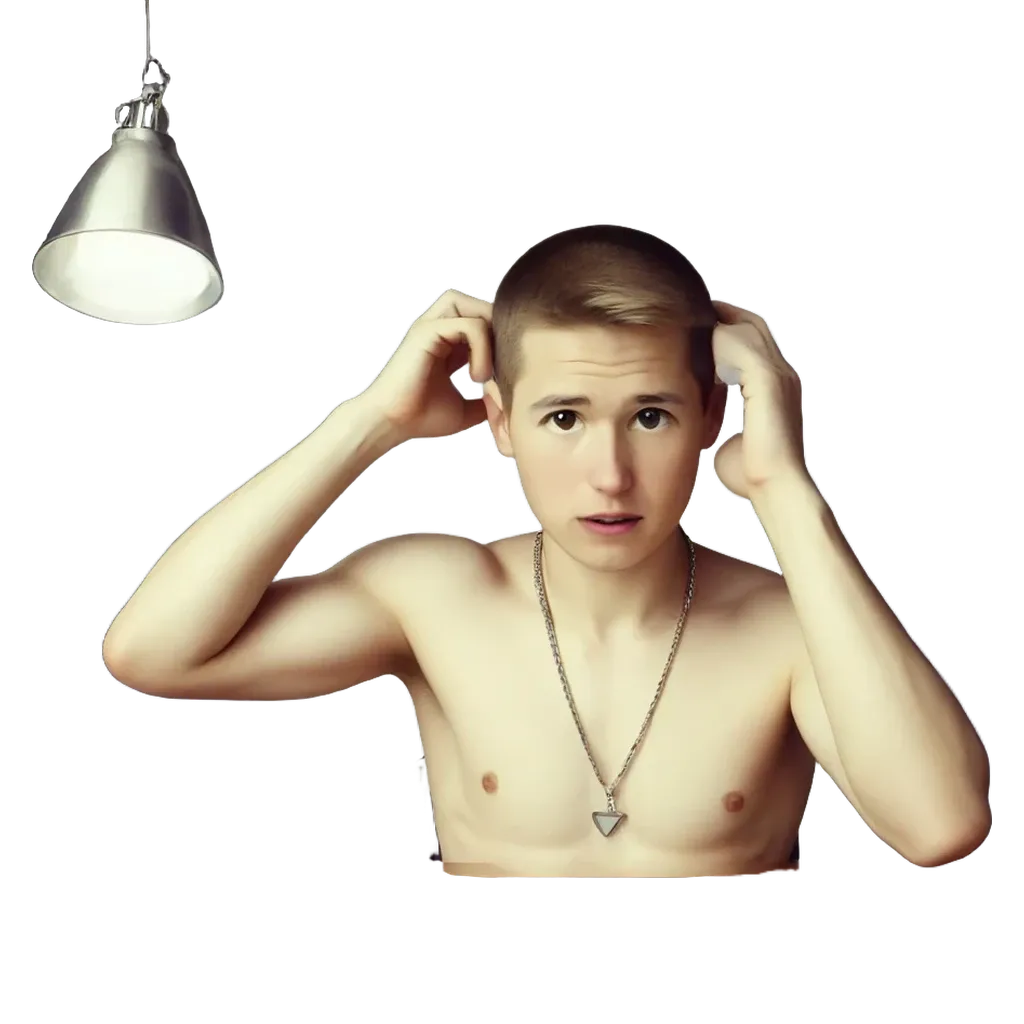 A shirtless man with his hands on his head in a puzzled manner.