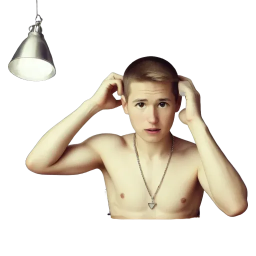 A shirtless man with his hands on his head in a puzzled manner.