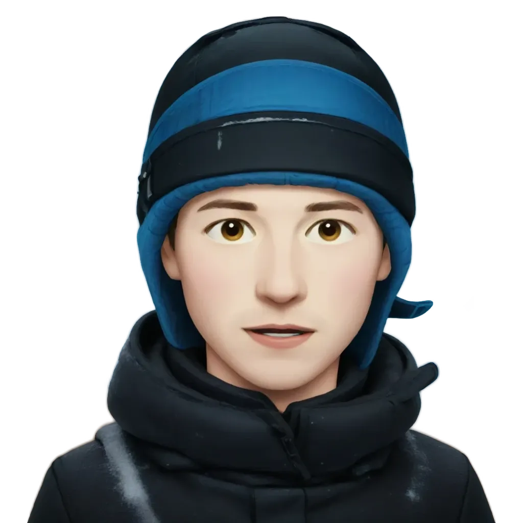 A boy wearing a blue and black hat.