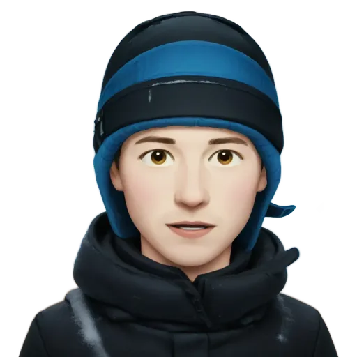 A boy wearing a blue and black hat.