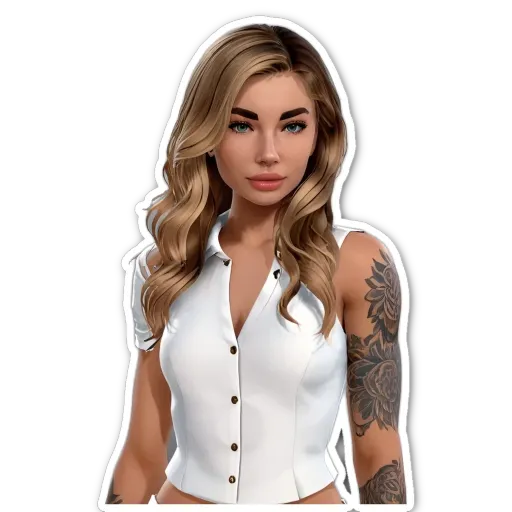A woman with a tattoo has a name tag on her shirt.