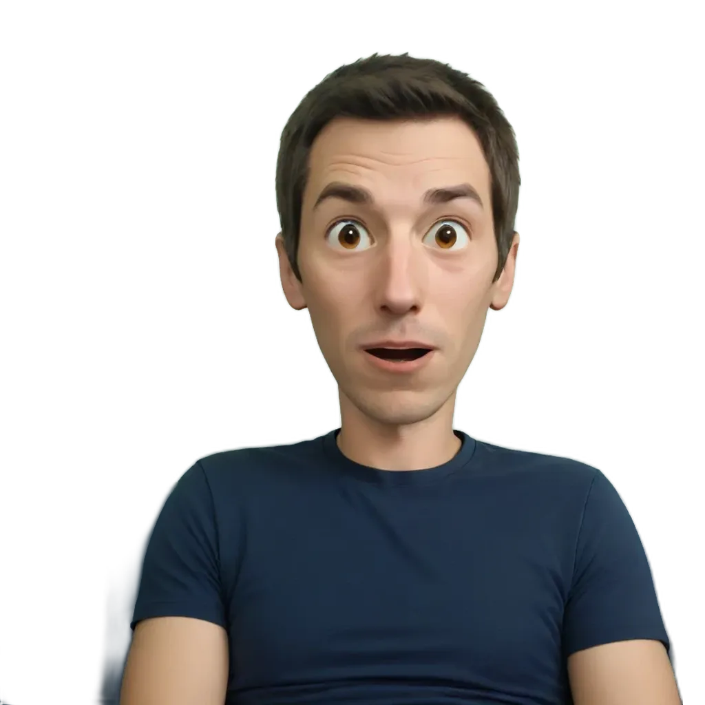 A man with a blue shirt that is surprised.