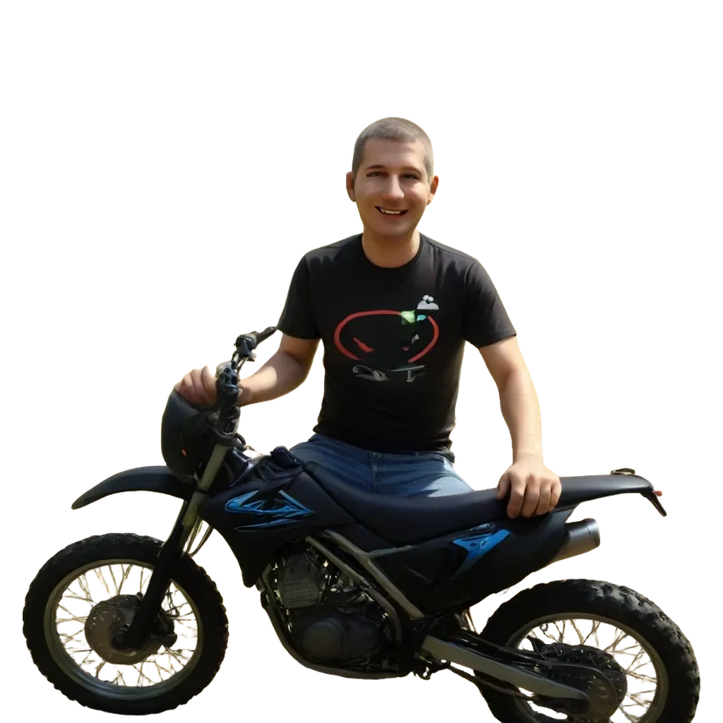 A man on a motorcycle with a black shirt with a red X in the center.