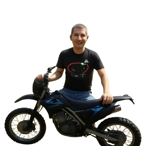 A man on a motorcycle with a black shirt with a red X in the center.