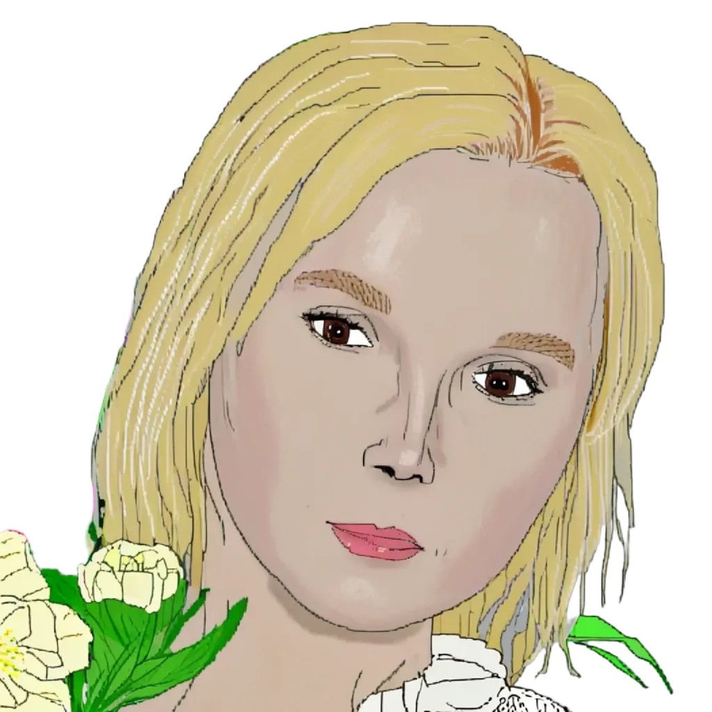 A woman with blonde hair is looking at the camera.