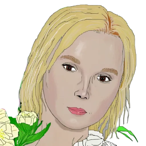A woman with blonde hair is looking at the camera.