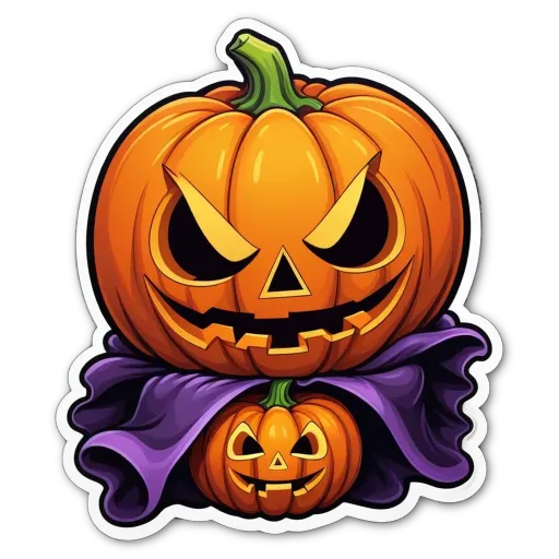 A cartoon pumpkin with a cape and two other pumpkins on either side.