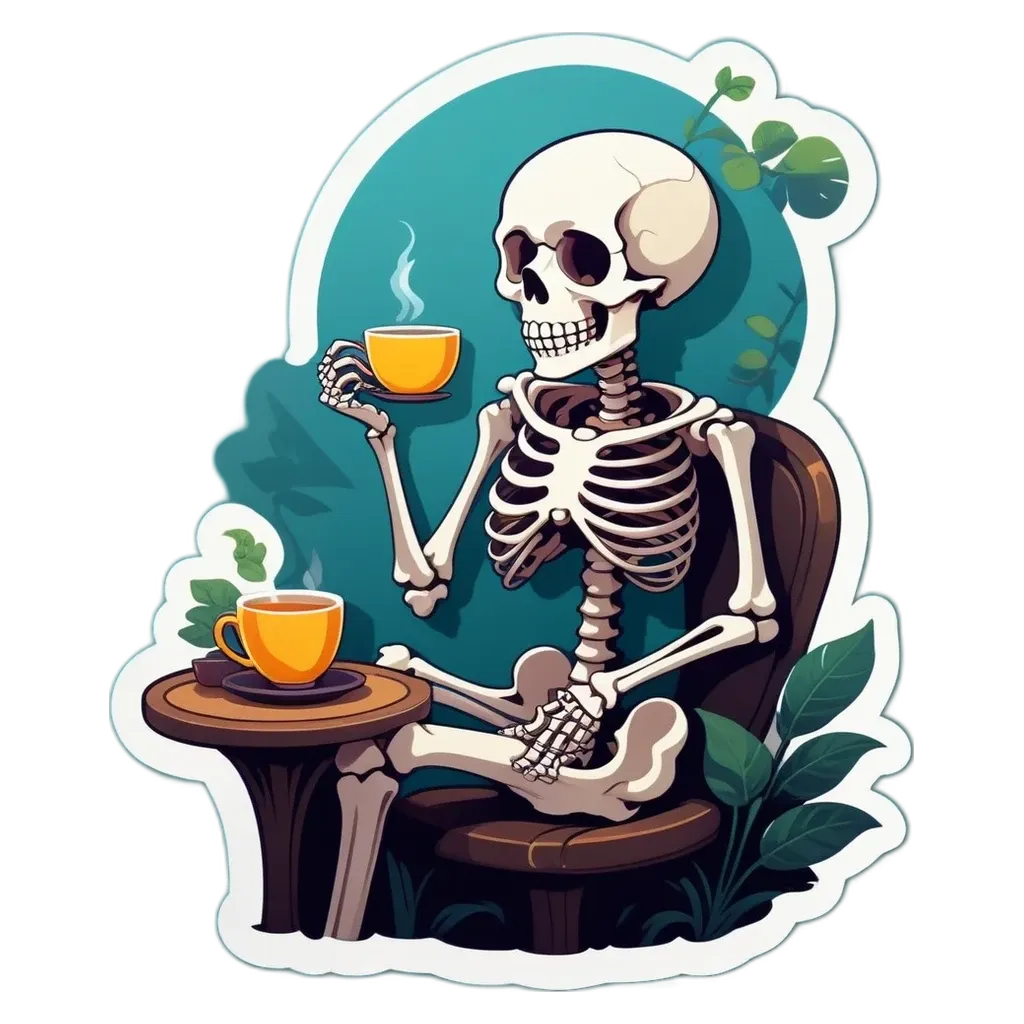 A skeleton drinking a cup of coffee on a sticker that is black.