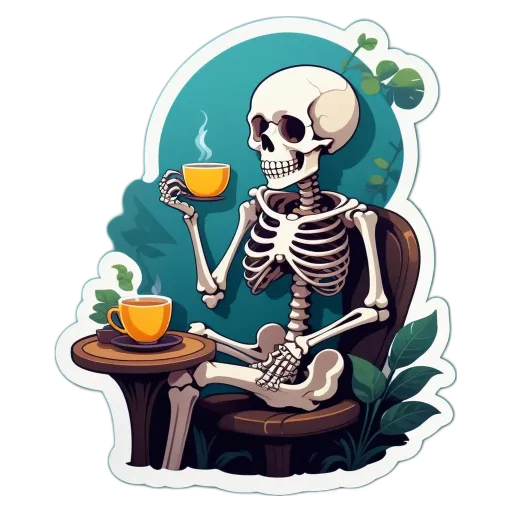 A skeleton drinking a cup of coffee on a sticker that is black.