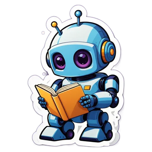 A robot reading a book on a black background.