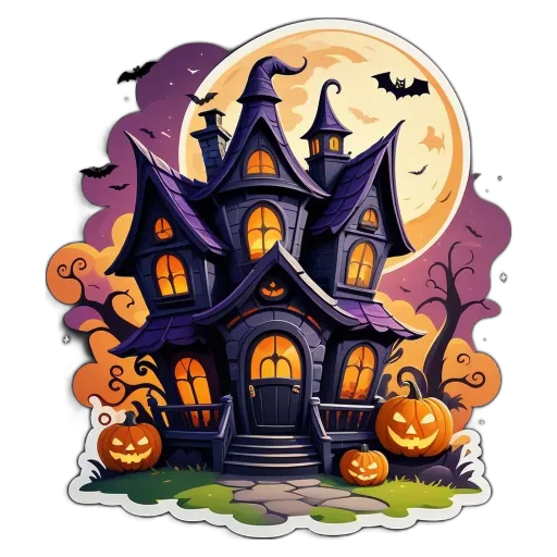 A sticker of a house and pumpkins that is black and colorful.