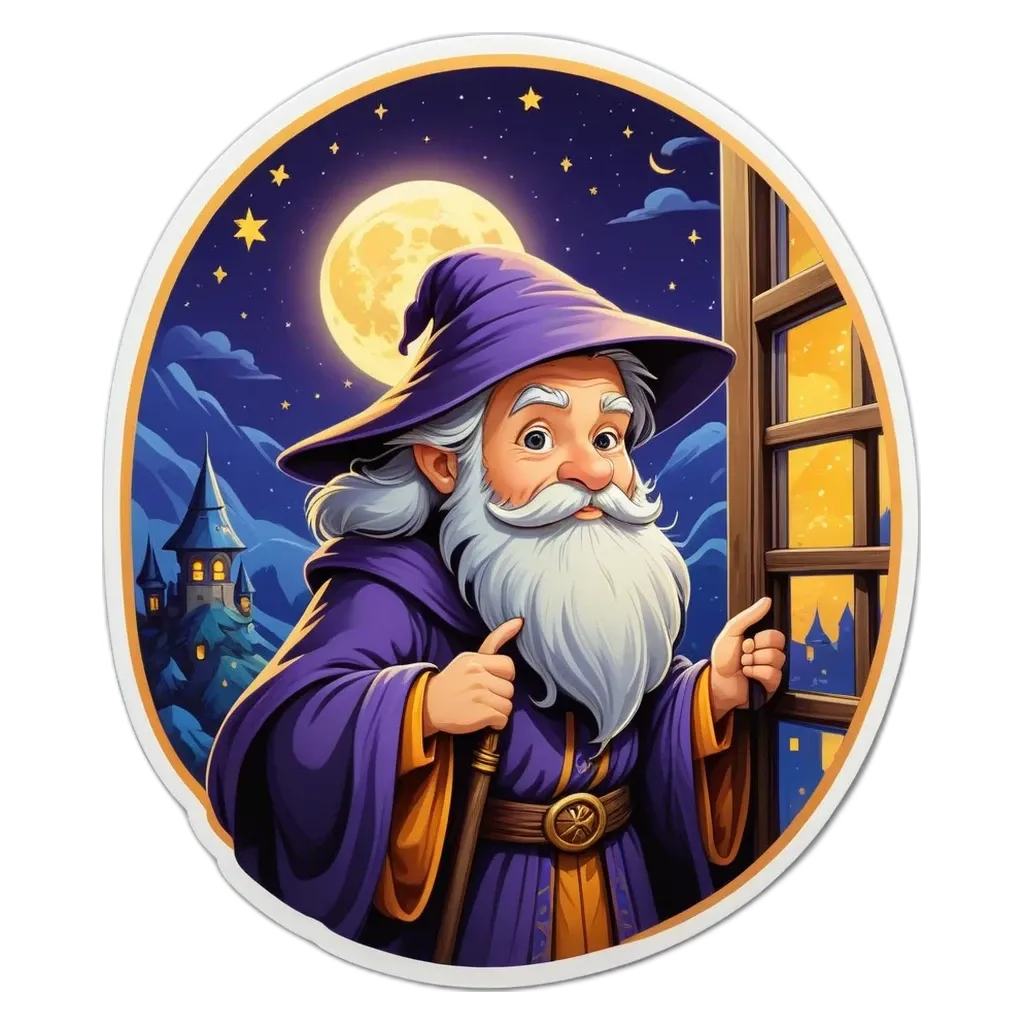 A cartoon of a wizard that is purple and has a beard.