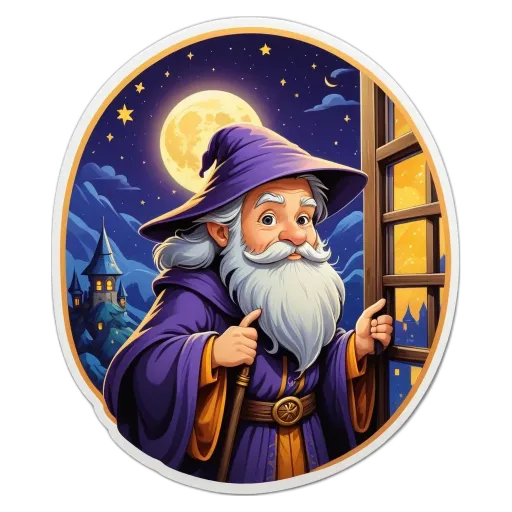 A cartoon of a wizard that is purple and has a beard.