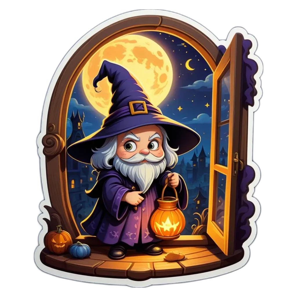 A cartoon drawing of a wizard with a pumpkin lantern.