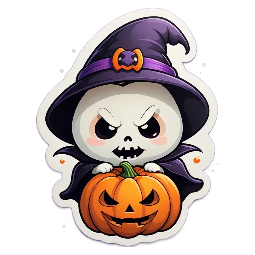 A cartoon skeleton wearing a witch's hat holding a pumpkin.
