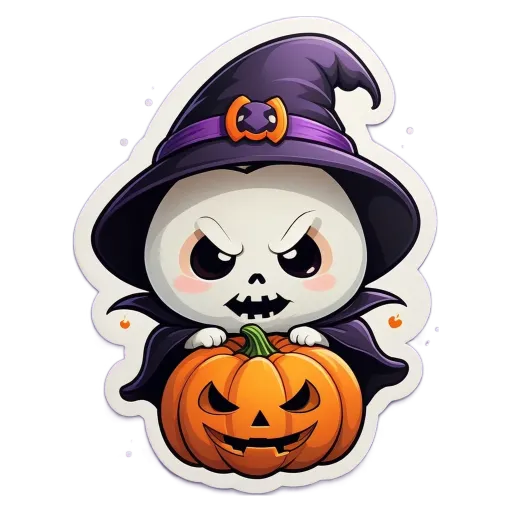 A cartoon skeleton wearing a witch's hat holding a pumpkin.