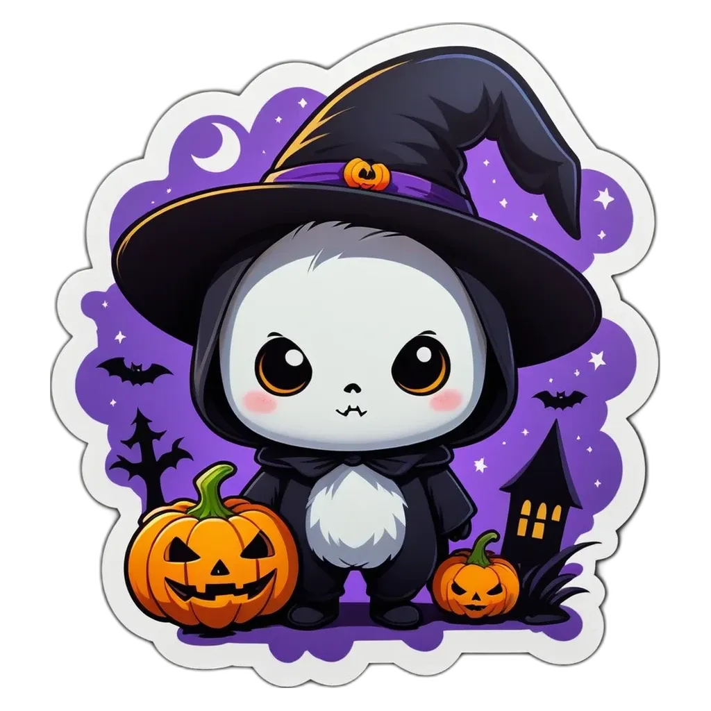 A cartoon animal wearing a witch's hat and standing next to pumpkins.