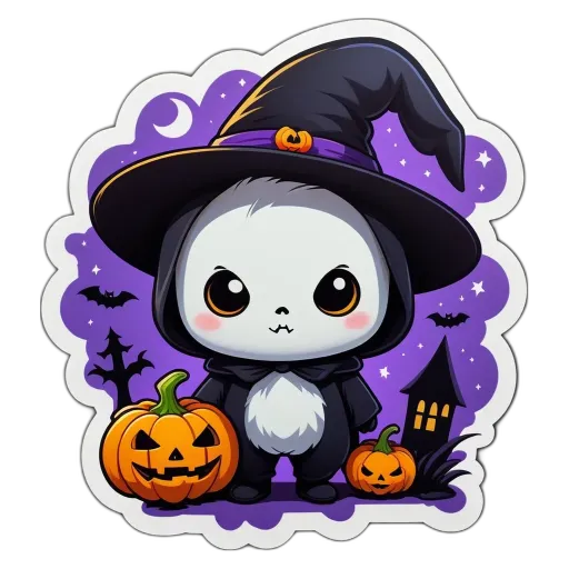 A cartoon animal wearing a witch's hat and standing next to pumpkins.