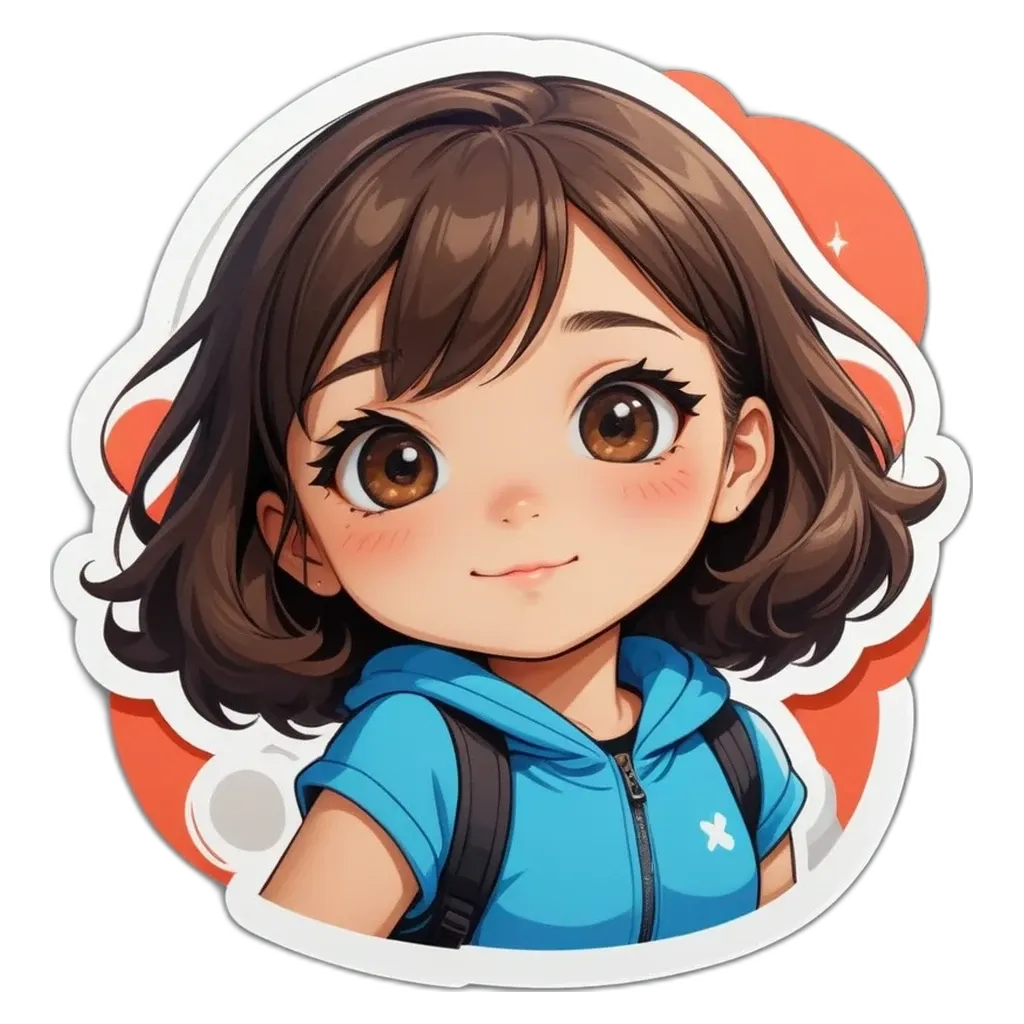 A girl with a blue hoodie and red and orange background.