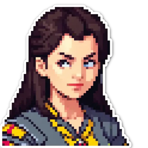 A girl in a black shirt with yellow and red accents that are colored in using a pixelated effect.