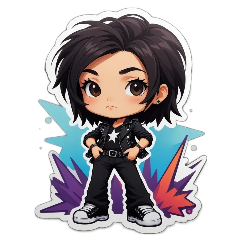 A girl wearing a black leather jacket and standing with her hands on her hips in a comic drawing.