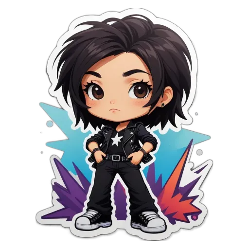 A girl wearing a black leather jacket and standing with her hands on her hips in a comic drawing.