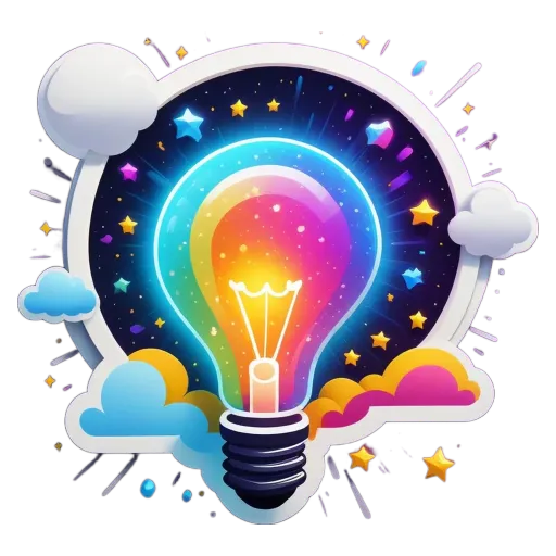 A colorful sticker of an idea bulb with stars and clouds around it.