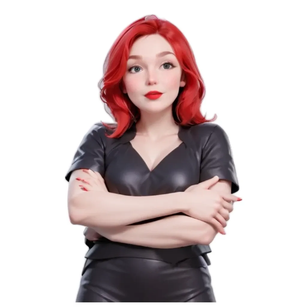 A redheaded woman in a leather shirt and pants.