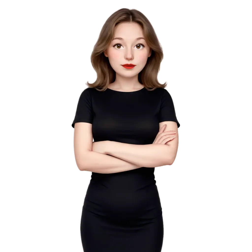 A woman wearing a black dress with her arms crossed.