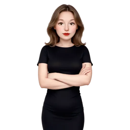 A woman wearing a black dress with her arms crossed.