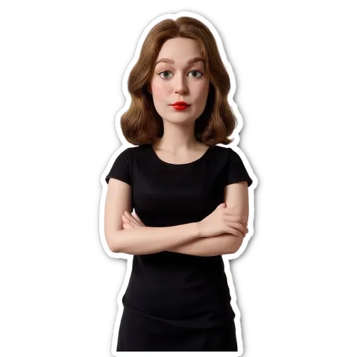 A woman in a black dress with red lipstick.