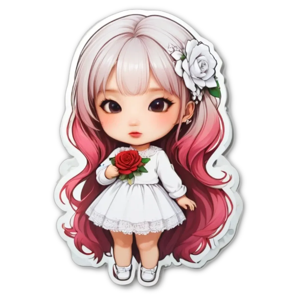 A girl with pink hair holding a rose in a white dress.