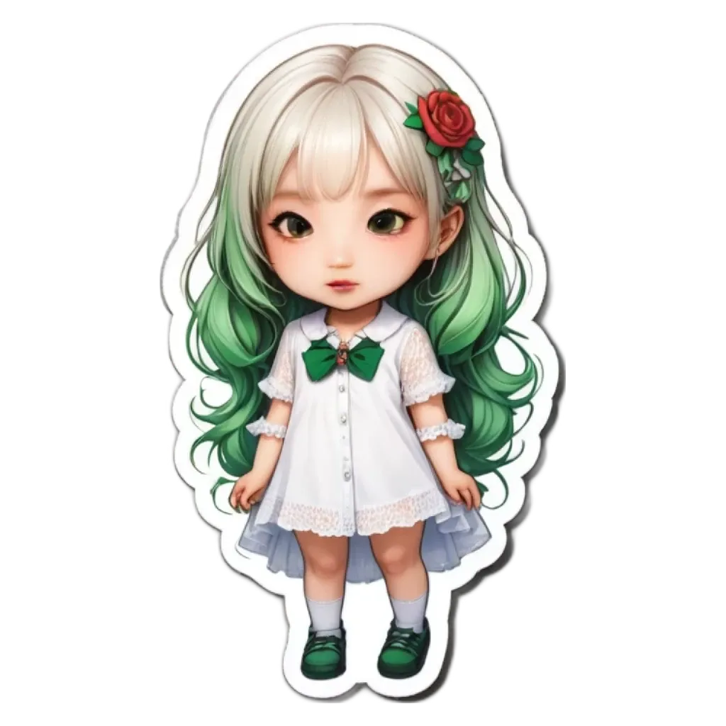 A girl with long hair and a white dress with a red rose in her hair.