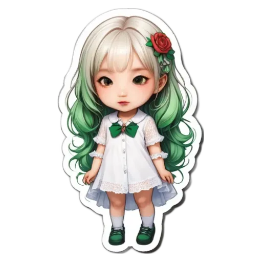 A girl with long hair and a white dress with a red rose in her hair.