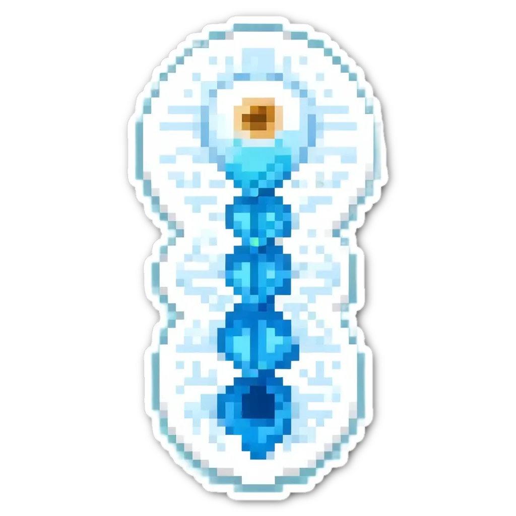 A blue and white pixelated image of a snowflake.