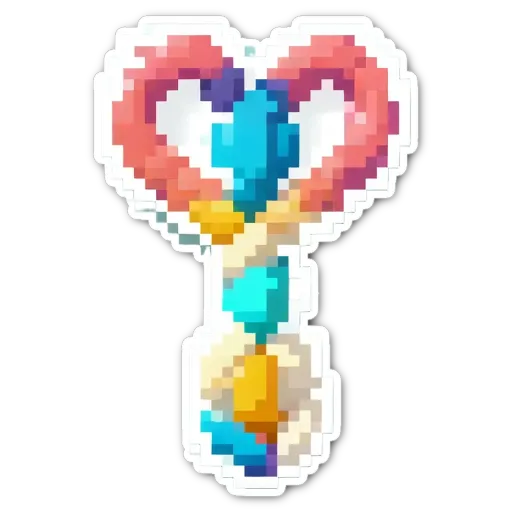 A colorful pixely-dart keychain with a heart in the middle.