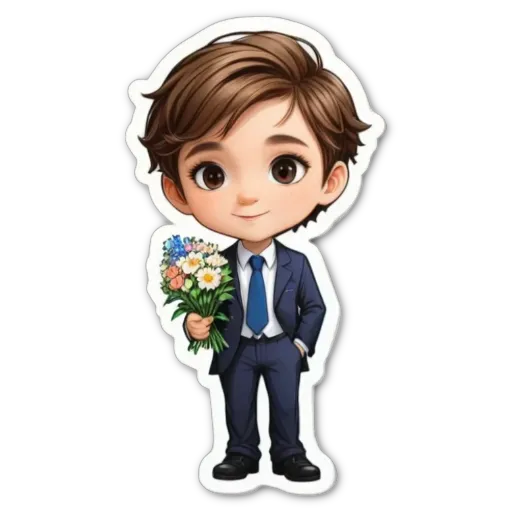 A boy in a suit holding flowers is wearing a blue tie.