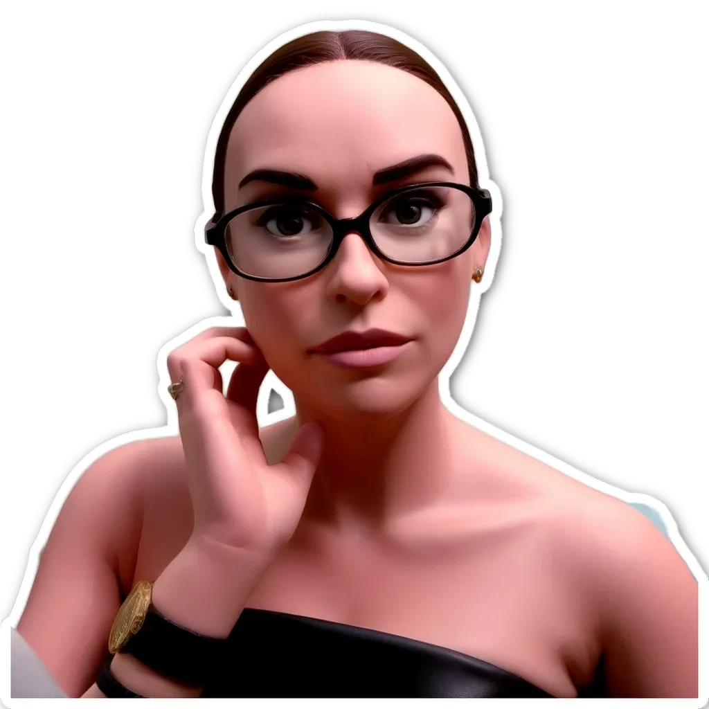 A sticker of a woman with black glasses.