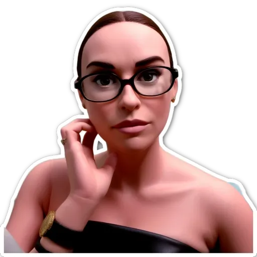 A sticker of a woman with black glasses.