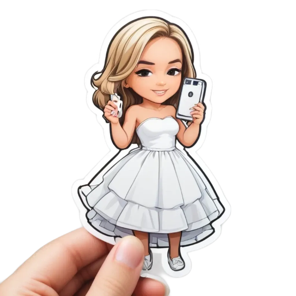 A girl is holding a cell phone up to her face, she is wearing a white dress.