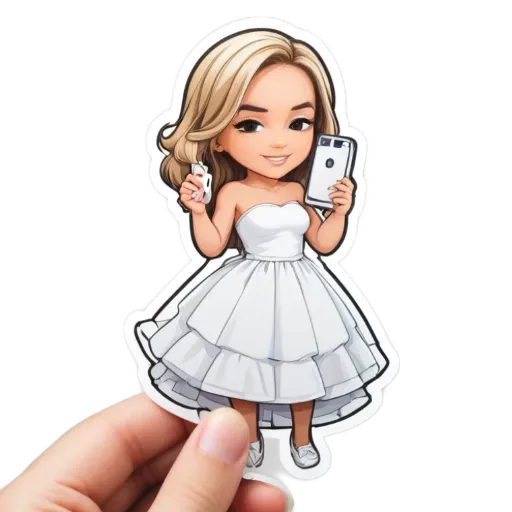 A girl is holding a cell phone up to her face, she is wearing a white dress.