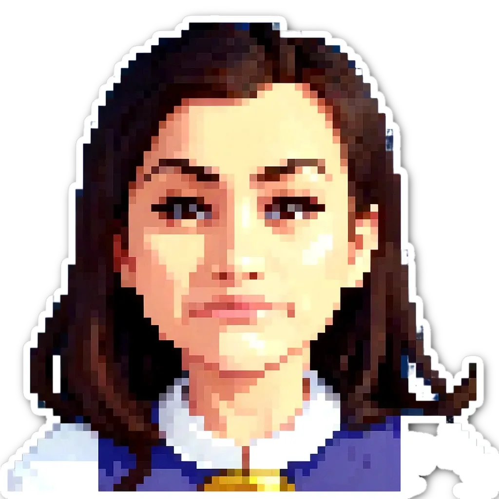 A woman with a blue collar and a sticker on her right.