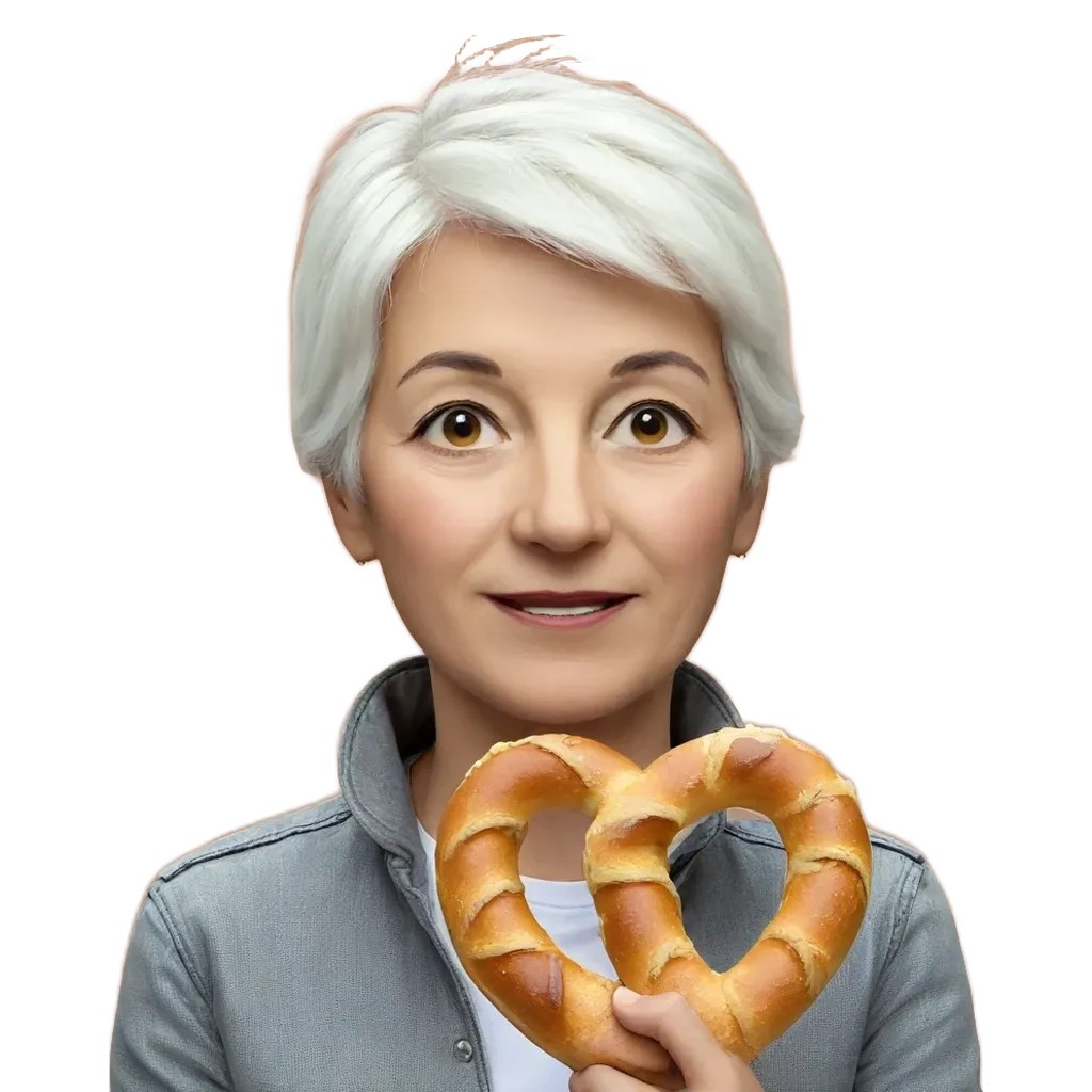 A heart shaped pretzel is being held by an older woman.