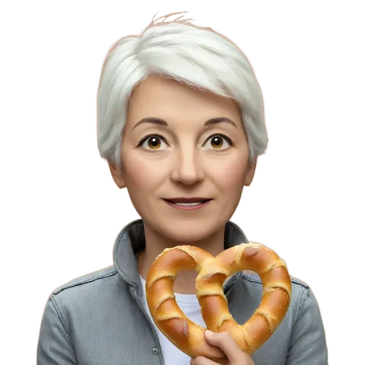 A heart shaped pretzel is being held by an older woman.