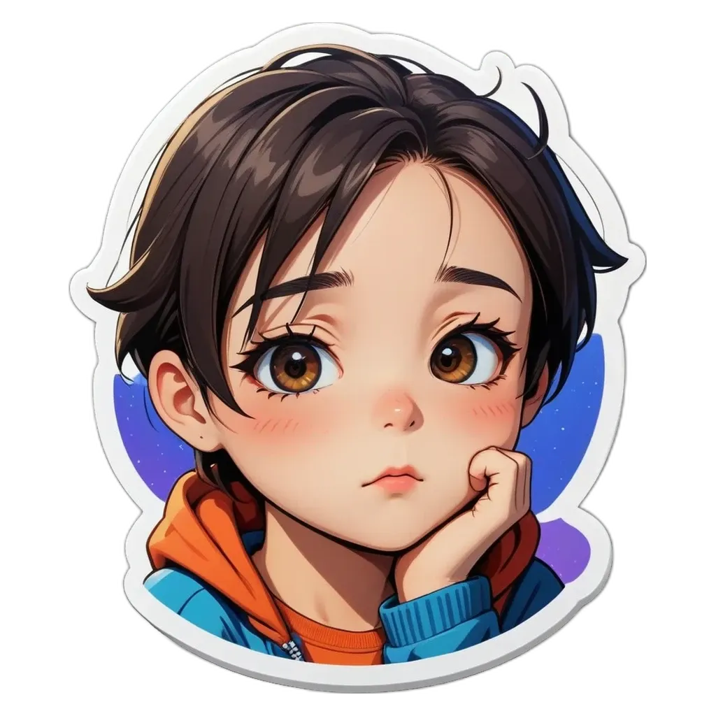 A sticker of a boy with his hand on his face.