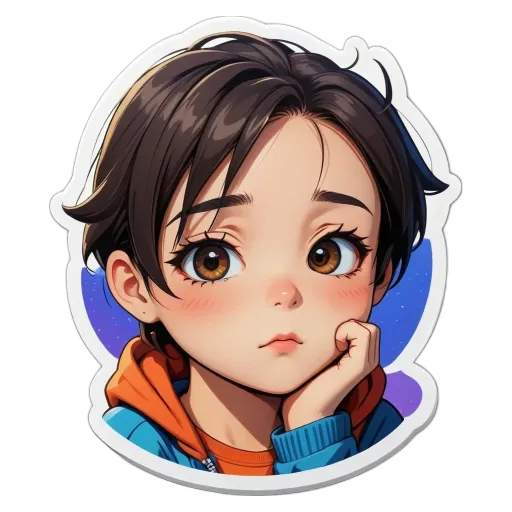 A sticker of a boy with his hand on his face.