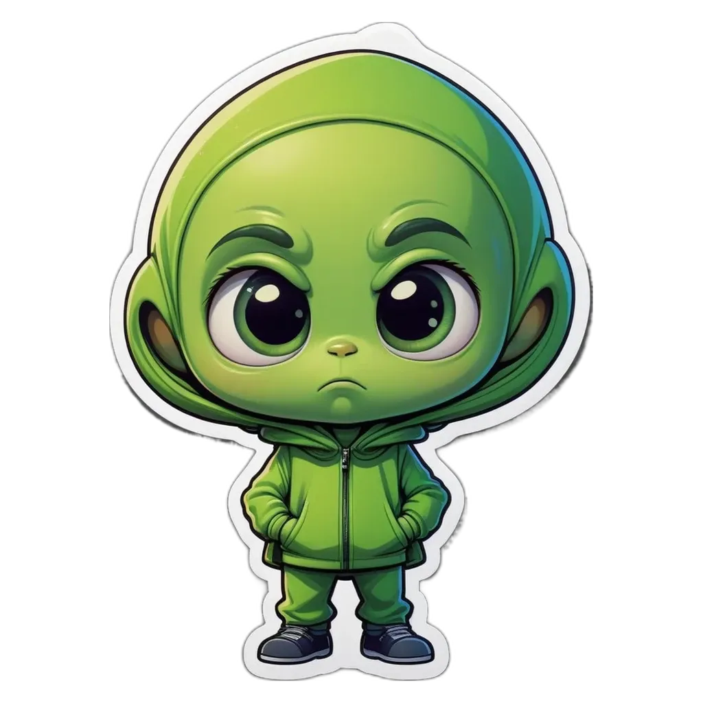 A green child wearing a sweatshirt and standing with his hands in his pockets.